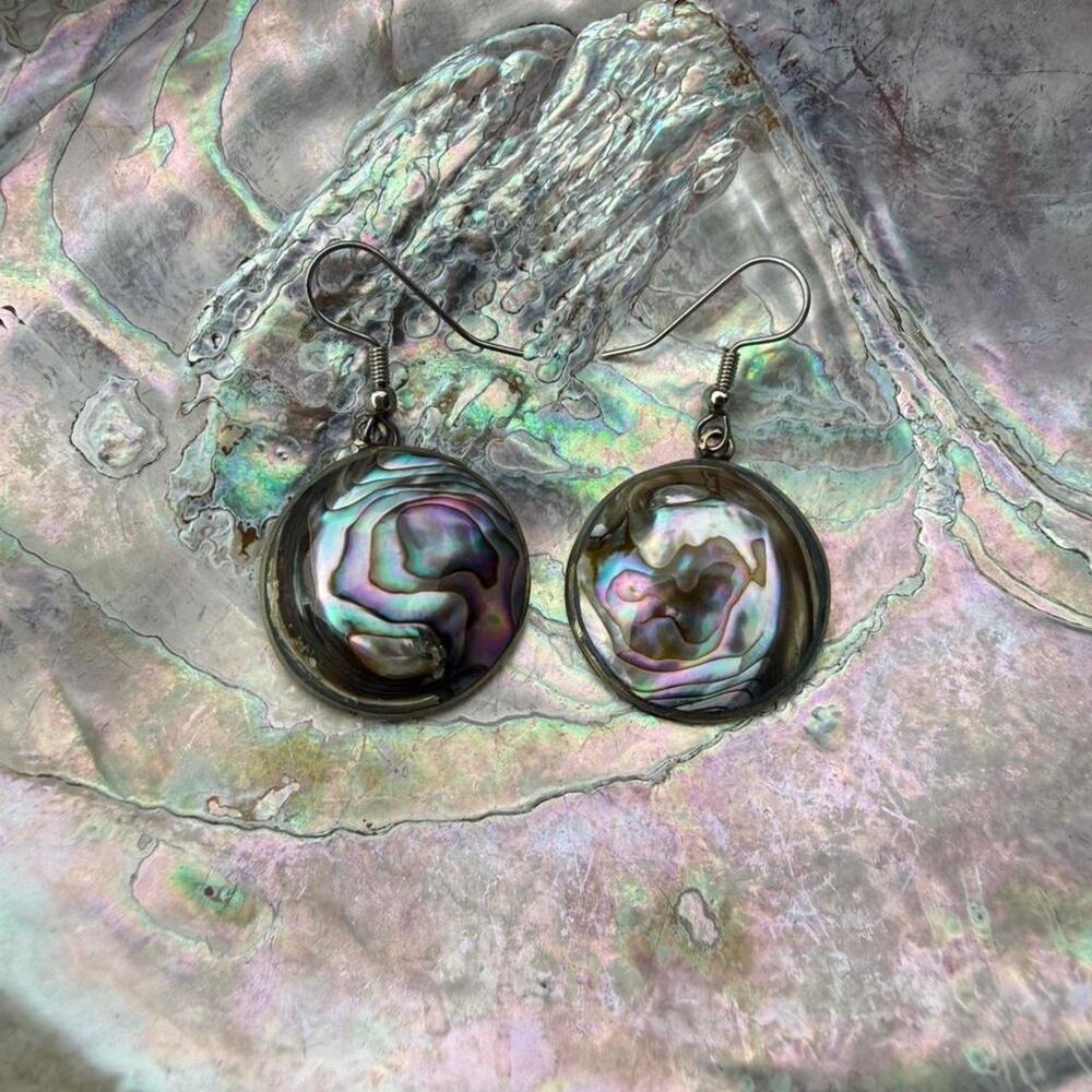 Unique vintage Alpaca Silver hand abalone shell earrings